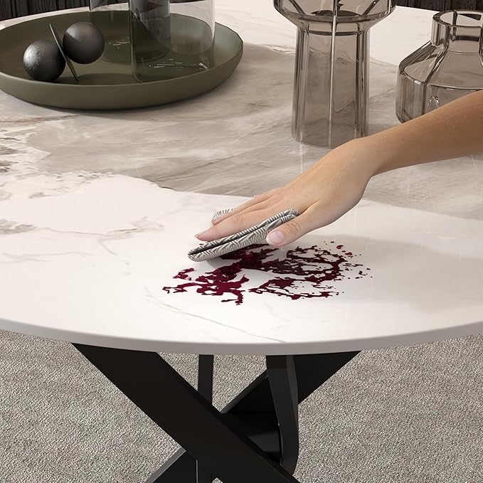 Marble Round Dining Table for 2-4 with Metal Legs, 31.5 Inch Sintered Stone Modern Small Kitchen Table for Dining Room Kitchen Apt (White)