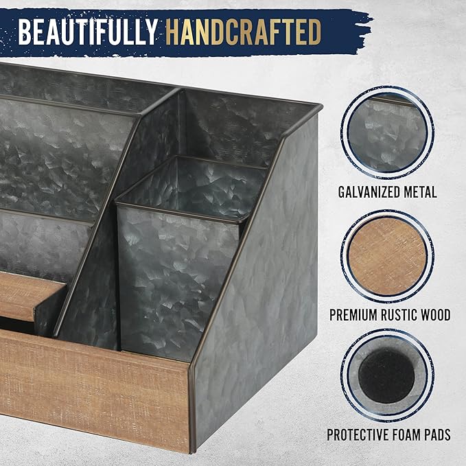 HBCY Creations 3 Piece Galvanized Metal Desk Organizer Set - Rustic Mail Organizer For Desktop - Great For Industrial Home Decor! Makeup Organizer For Vanity