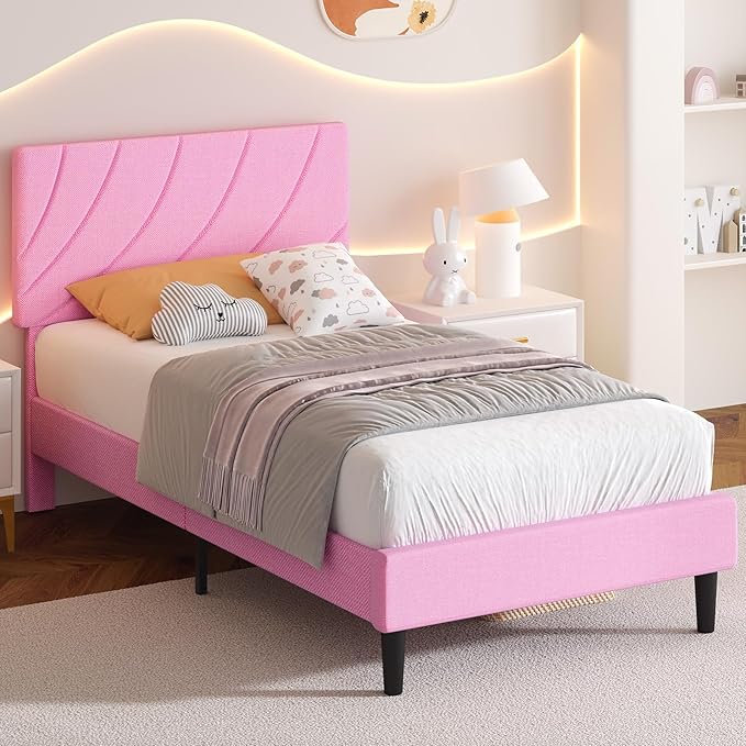 HOMBCK Twin Bed Frames for Kids, Bed Frame Twin with Linen Fabric Upholstered Headboard and Wooden Slats Support,Adiustable Headboard, No Box Spring Needed, Noise-Free, Easy Assembly, Pink