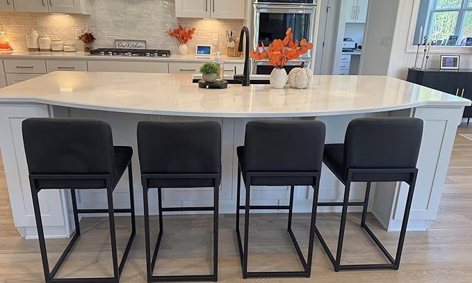 ALPHA HOME Counter Height Bar Stools, 24” Kitchen Counter Stools Set of 3, Pu Leather Kitchen Modern Bar Chairs with Back&Footrest, Sturdy Chromed Metal Steel Frame, Black