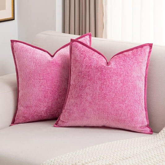 FUTEI Hot Pink Chenille Throw Pillow Covers 26x26 Inch Set of 2,Soft Cozy Bound Edge Design Euro Pillow Sham,Home Decor for Couch Bed Living Room