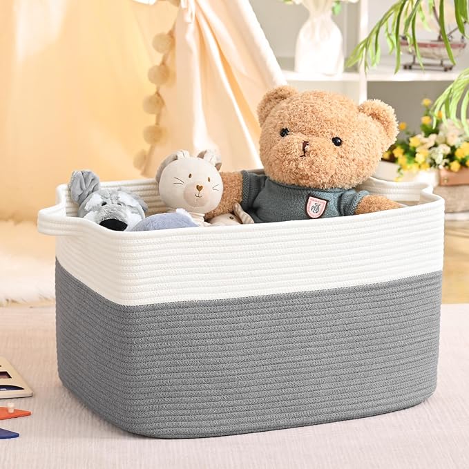 Large Blanket Basket, 60 L Rectangle Storage Baskets for Organizing, Woven Laundry Basket for Blankets, Cotton rope Blanket Storage for Living Room, Nursery Room, Gray