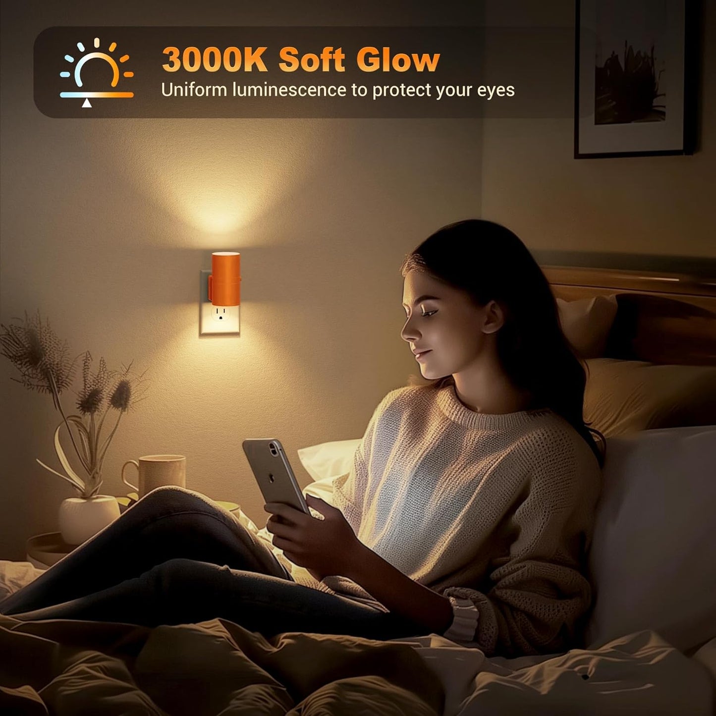 JandCase Night Lights Plug into Wall, Dimmable Night Light Plug in with Orange Shade, Modern Night Lights with Dusk to Dawn Sensor, Soft White 3000K, 0-100LM Nightlight for Hallway Bedroom, 2 Pack