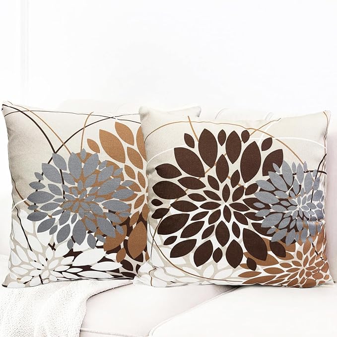 Coffee Brown Decorative Throw Pillow Covers 16x16 Inch Pillow Covers for Couch Living Room Bed Outdoor.Modern Sofa Throw Pillow Cover.Farmhouse Geometric Floral Linen Square Pillow Case.Set of 2
