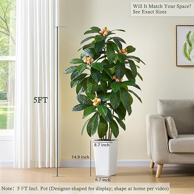 Artificial Loquat Tree：Faux Tree Realistic Fake Tropical Fruit Plant Large Silk Floor Plants with Lifelike Fruits&Pot for Home Decor Indoor Outdoor Room Office Patio Balcony(5FT,1-Pack,White)