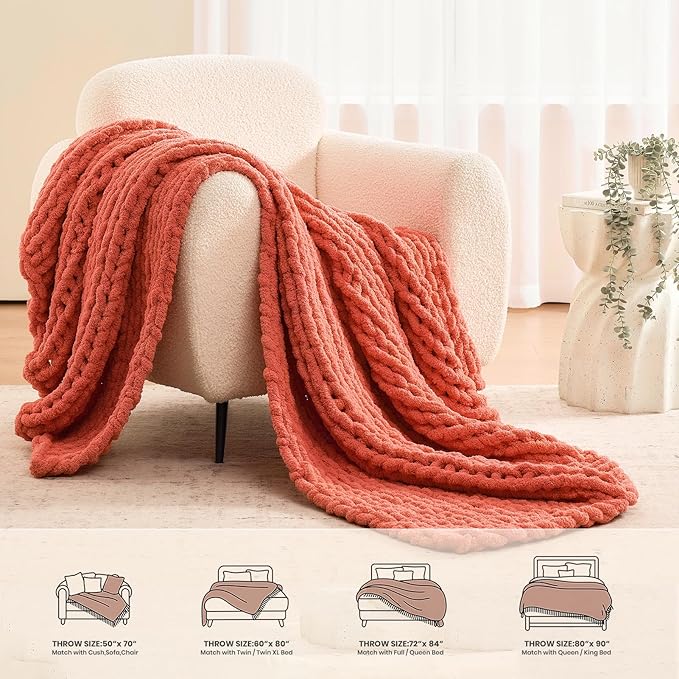 L'AGRATY Chunky Knit Blanket Throw: 50''x60'' Chenille Chunky Knitted Throw Blankets for Bed Couch - Handmade Thick Cable Knit Blanket - Large Crochet Rope Blankets for Home Decor(Coral Pink)