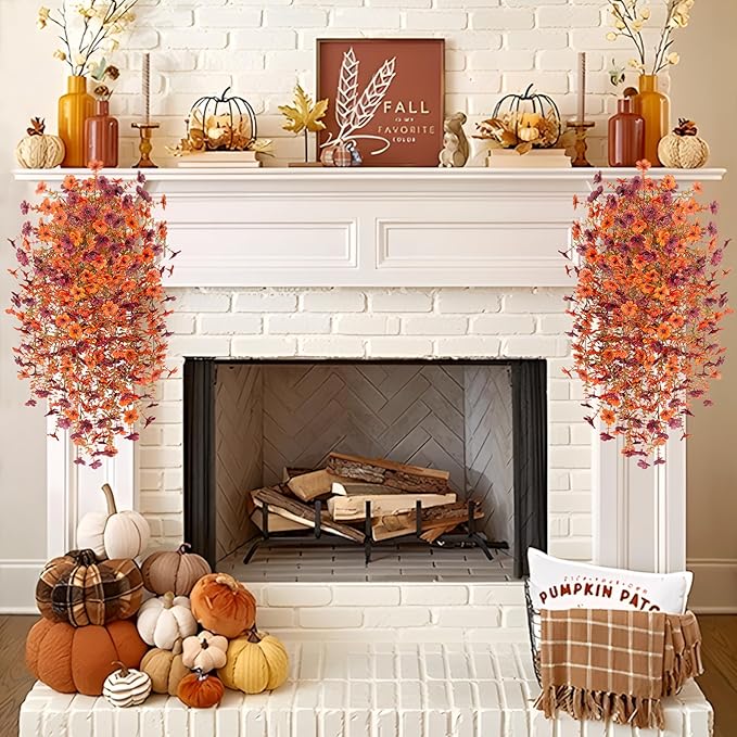 Fake Mums Artificial Fall Hanging Flowers for Outdoors Decoration 2 PCS Faux Mums for Outdoor Planters Fake Plants Look Real Daisy Flower No Fade Autumn Decor for Porch Home Patio Balcony and Yard