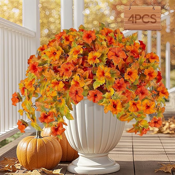 4 Pcs Artificial Fall Fake Flowers Plants for Outdoor Decoration,No Fade Faux Petunias,UV Resistant Realistic Autumn Silk Flowers,for Home Garden Balcony Yard Porch Deco (Orange Yellow)