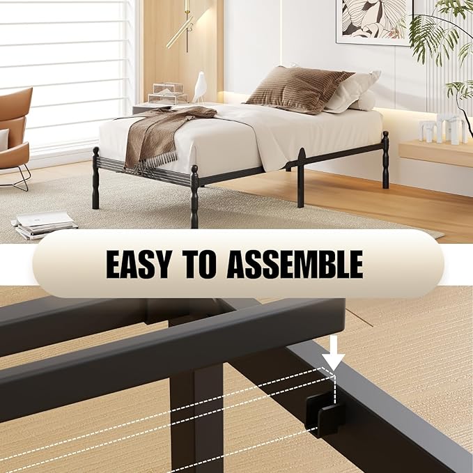 14 Inch Twin Size Bed Frames with 2 Pcs Mattress Slide Stopper, Twin Platform Bed Frame Metal, Heavy Duty, Non-Slip, Easy Assembly, No Box Spring Needed