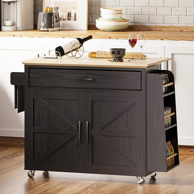 IRONCK Kitchen Island Cart with Storage, Rolling Kitchen Table with Power Outlet, Storage Cabinets on Wheels with Drop Leaf, Portable for Dining Room, Black
