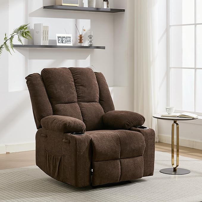 Manual Recliner Chair with Heating & Massage,Ergonomic Overstuffed Breathable Fabric Reclining Chair with Side Pockets,Q235 Steel Frame Lazy Boy Recliner Single Sofa for Living Room Bedroom