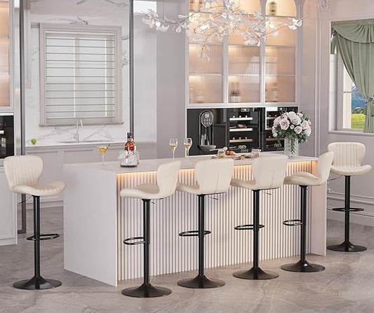 SUNLEI Swivel Bar Stools Set, Barstools Counter Height with Shell Shaped Backrest, Adjustable Moder Stools Pu Leather Bar Stools for Kitchen Counter, Island, Bar, Dining Room(White, Set of 6)