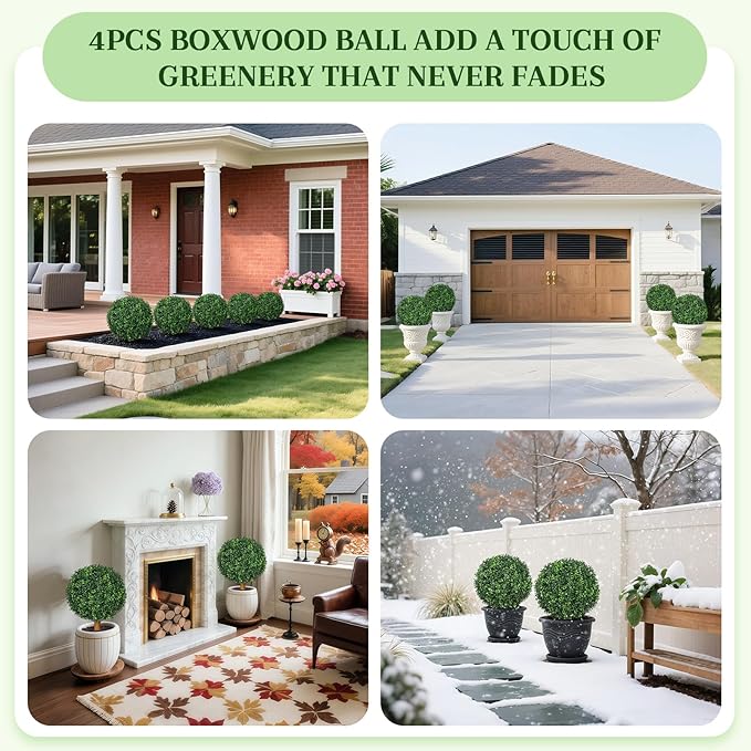 25.6'' Fake Plant Home Decor, UV Resistant Artificial Outdoor Topiary Ball Tree, Lifelike Outdoor Faux Plants with Spike, Easy to Install Boxwood Balls Fake Tree, Set of 4