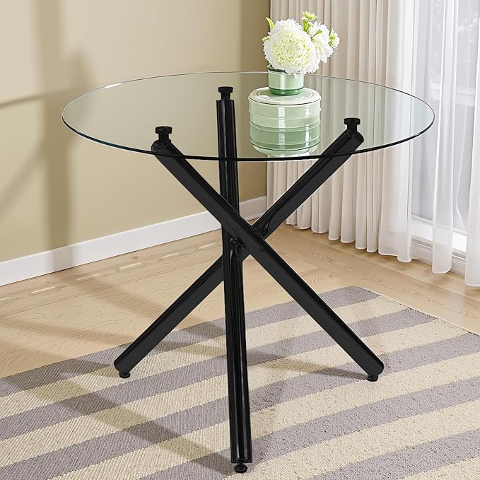 Kitchen Table Classic Dining Table for 4 Round Glass Dining Table 35.43" Kitchen & Dining Room Tables with Metal Legs and Glass Tabletop for Dining Room and Apartment, Black