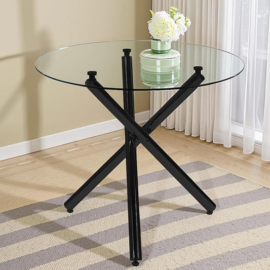 Kitchen Table Classic Dining Table for 4 Round Glass Dining Table 35.43" Kitchen & Dining Room Tables with Metal Legs and Glass Tabletop for Dining Room and Apartment, Black