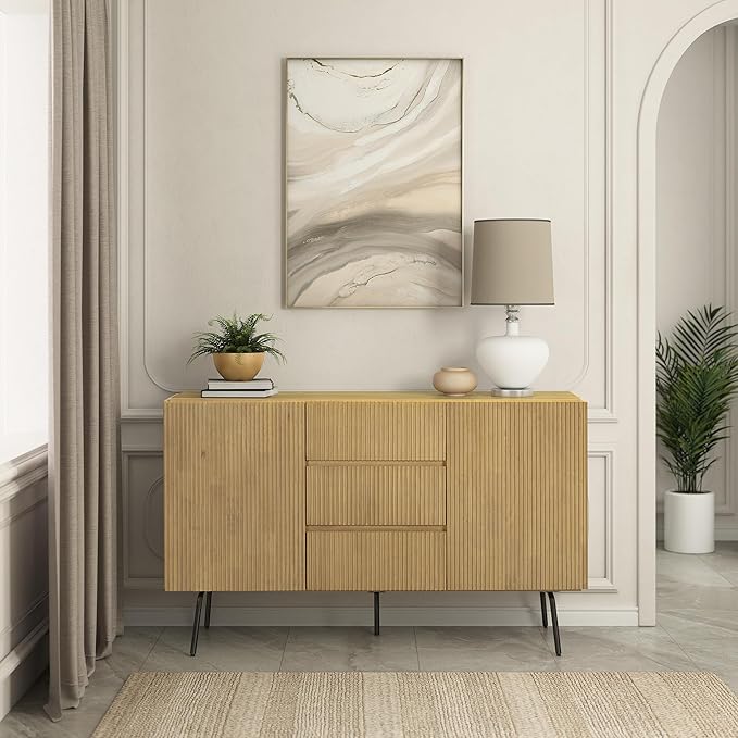 NTC Veil Sideboard with 2 Doors and 3 Drawers, Buffet Cabinet with Vertical Groove Design and Metal Legs, Storage Cabinet for Living Room, and Entryway, Effortless Assembly, Sand