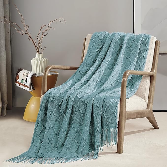 BOURINA Blue Throw Blanket 50 x70 Inches Jacquard Argyle Throw Textured Solid Soft Throws and Blankets for Sofa or Bed Knitted Decorative Blanket
