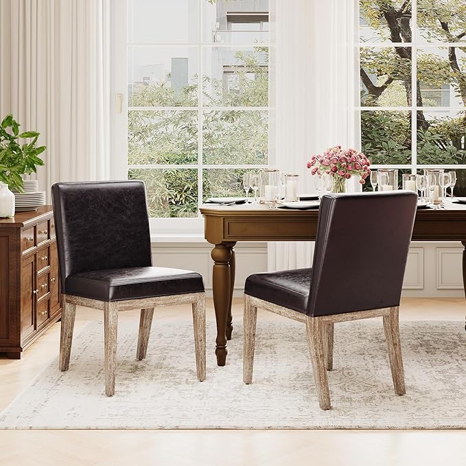 Wooden Dining Chairs Set of 2, Modern Leather Upholstered Dining Room Chair, Kitchen Side Chairs, Farmhouse Dinner Chair with High Back for Kitchen, Brown