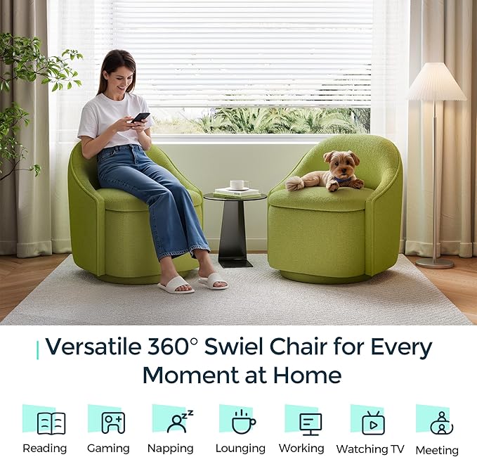 LINSY Swivel Accent Chair with Storage Comfy Chenille Barrel Chairs, Small 360 Swivel Modern Armchair for Living Room Bedroom, Boucle Reading Chair for Study Room (Green)