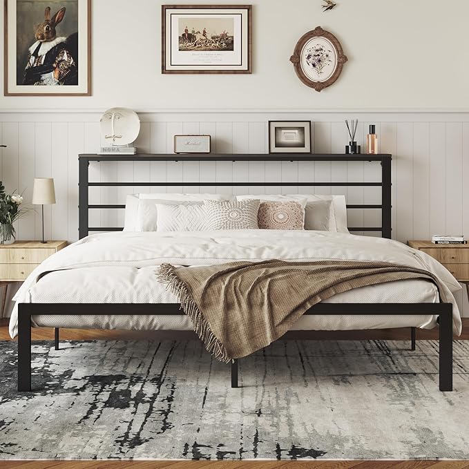 MUTICOR Heavy-Duty King Metal Platform Bed Frame with Shelf Headboard, No Box Spring Needed, Easy Assembly, Black Shelf