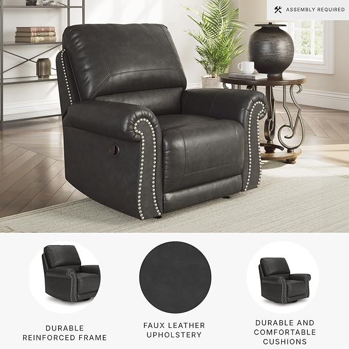 Signature Design by Ashley Chatterton Classic Faux Leather Manual Rocker Swivel Glider Recliner with Nailhead Trim, Black