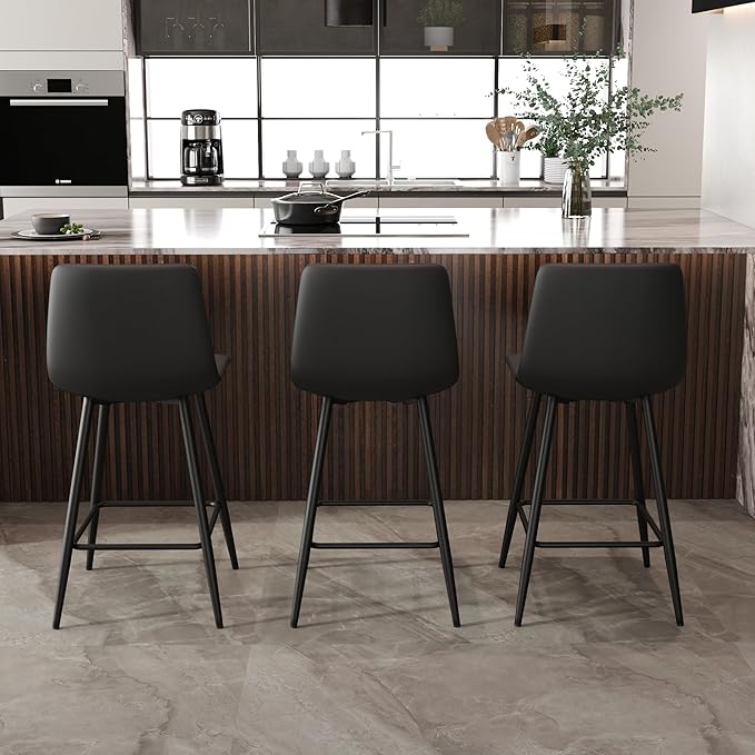 Black Bar Stools Set of 2,Faux Leather Counter Height Bar Stools,Modern 24.6" Bar Chairs with Back Metal Footrest,Counter Stool with Back and Footrest for Kitchen Island Restaurants Pubs