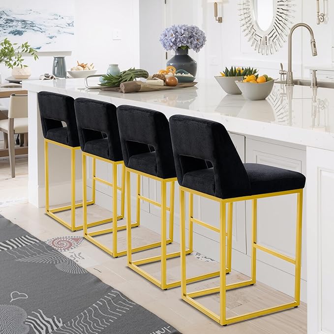 Black and Gold Counter Height Bar Stools Set of 4 for Kitchen Counter Modern Bar Chairs with Backs for Kitchen Island with Upholstered Fabric Seat and Metal Frame, 26 Inch