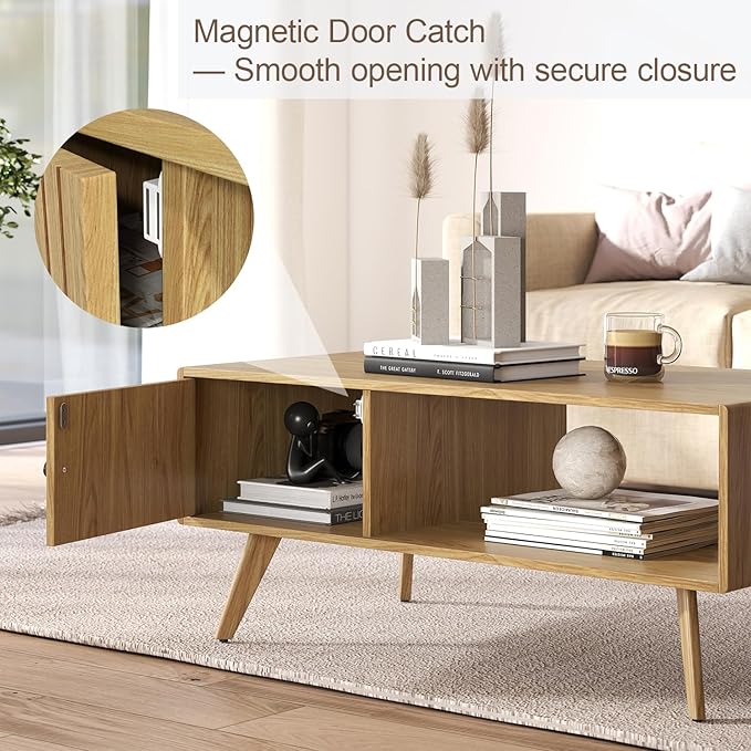 Mid Century Modern Coffee Table with Storage, Light Oak Wood Center Table with Cabinet & Open Shelf, Retro Cocktail Table for Living Room and Small Spaces