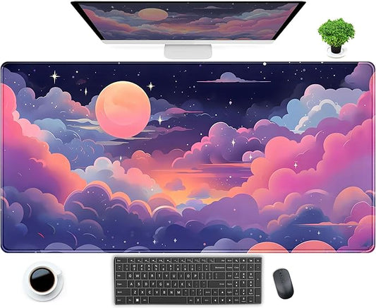 Cute Pink Purple Space Clouds Desk Mat Anime Gaming Mouse Pad Pastel Sky Desk Pad XXL Large Extended Mousepad 31.5x15.75 in, Cool Laptop Computer Keyboard and Mouse Mat for Women Office Decor