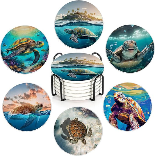 Table Coaster for Drinks Set of 6, Sea Turtles Round Ceramic Coasters,with Cork Base and Metal Holder,Great Housewarming Birthday Gifts,Home Decor