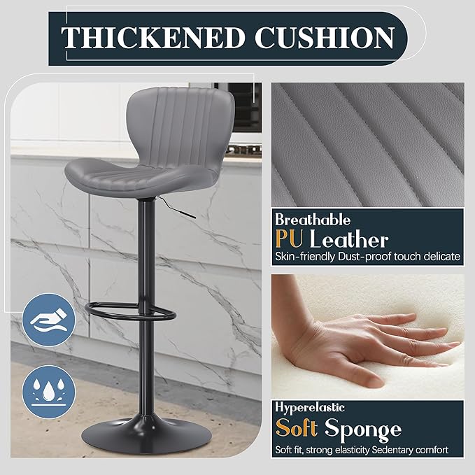 SUNLEI Swivel Swivel Bar Stools Set, Barstools Counter Height with Shell Shaped Backrest, Adjustable Moder Stools Pu Leather Bar Stool for Kitchen Counter, Island, Bars, Dining Room(Gray, Set of 2)