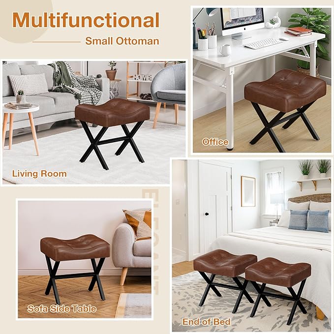 18-Inch Large Leather Vanity Stool, Vanity Chair with Metal X-Leg, Ottoman Accent Stool with Thick Padded Saddle Seat, Dark Brown
