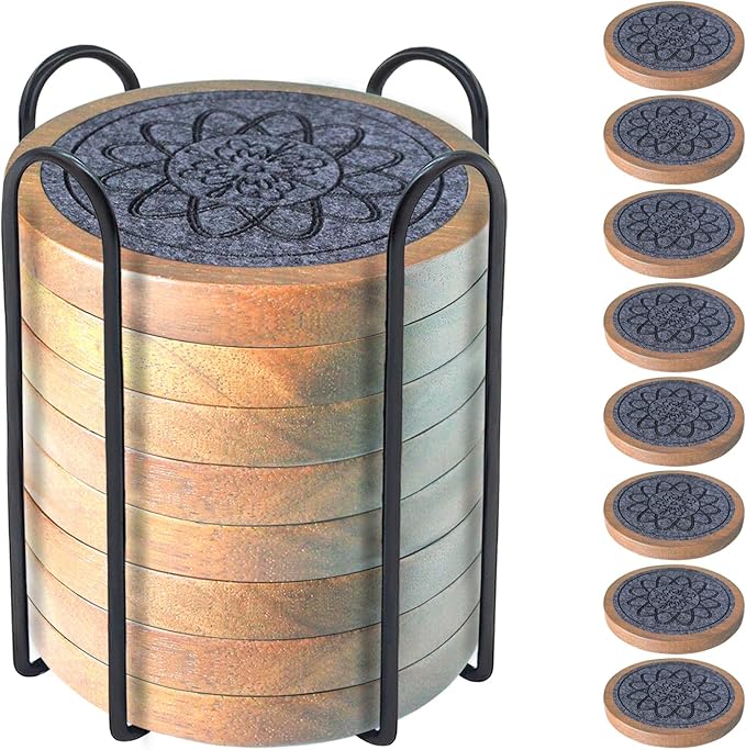 Wood Coasters for Drinks Set of 8, Minacun Absorbent Coaster, Drinks Coasters for Coffee Tabletop Protection, Non-Slip, Non-Stick, Suitable for Kinds of Cups Wooden Table Drink, 4.3 Inch Gray
