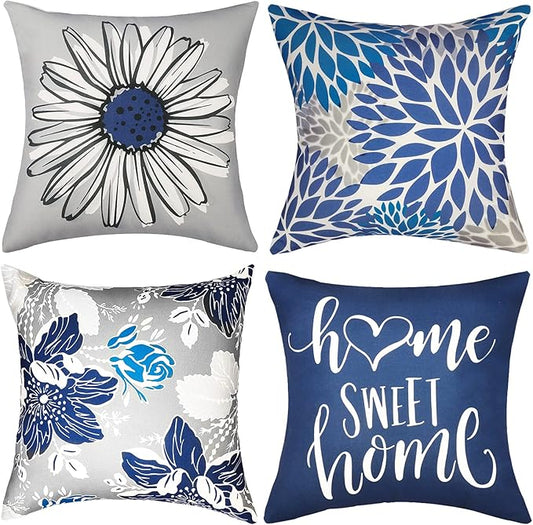 Blue Pillow Covers 16x16 Inch Set of 4 Decorative Throw Pillow Covers Couch Pillow Covers for Sofa Outdoor Throw Pillow Cover,Linen Square Pillow Case Farmhouse Room Modern Home Decor