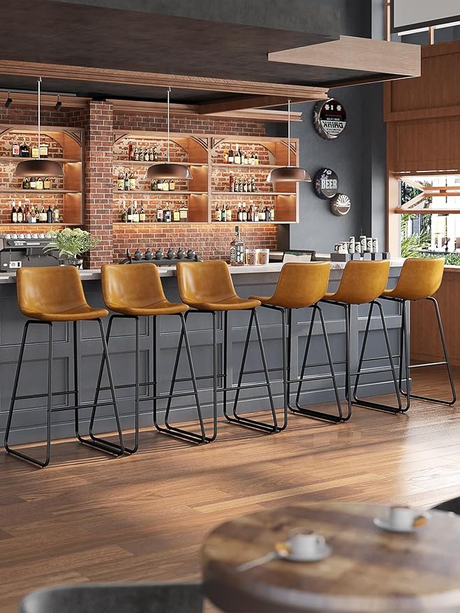 Bar Stools Set of 6, 30 Inches Counter Height Bar Stools with Back, Modern Faux Leather Barstools with Metal Legs and Footrest, Bar Chairs for Kitchens Island (Whiskey Brown)