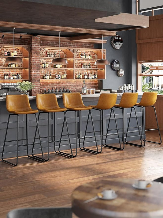 Bar Stools Set of 6, 30 Inches Counter Height Bar Stools with Back, Modern Faux Leather Barstools with Metal Legs and Footrest, Bar Chairs for Kitchens Island (Whiskey Brown)
