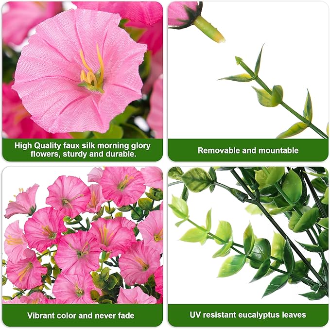 2 PCS Artificial Faux Hanging Flowers Plants for Outdoor Decor,Fake Silk Morning Glory with Eucalyptus UV Resistant Realistic Vine for Wall Home Porch Patio Balcony Yard Decor,Pink and Light Pink