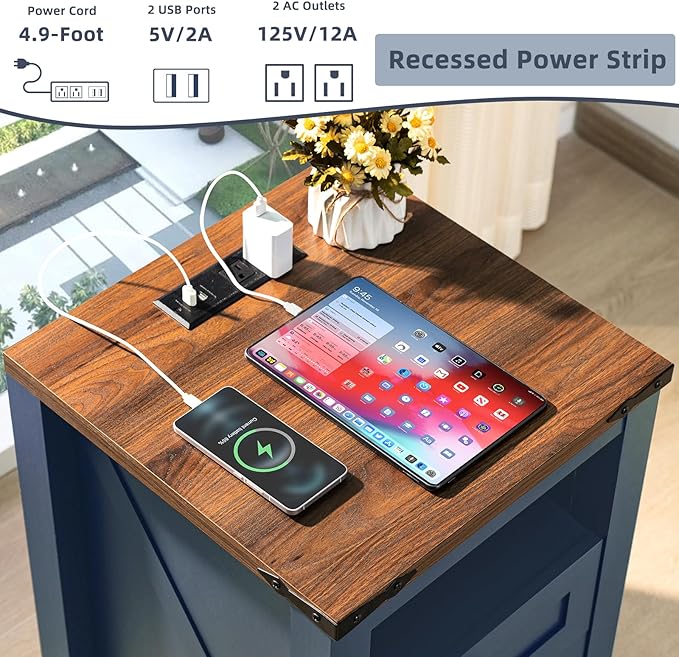 Nightstand with Charging Station, Farmhouse Night Stand with 2 Drawers and Shelf Storage, Blue Wooden Side End Table, Bedside Cabinet for Bedroom, Living Room, Closet,Office