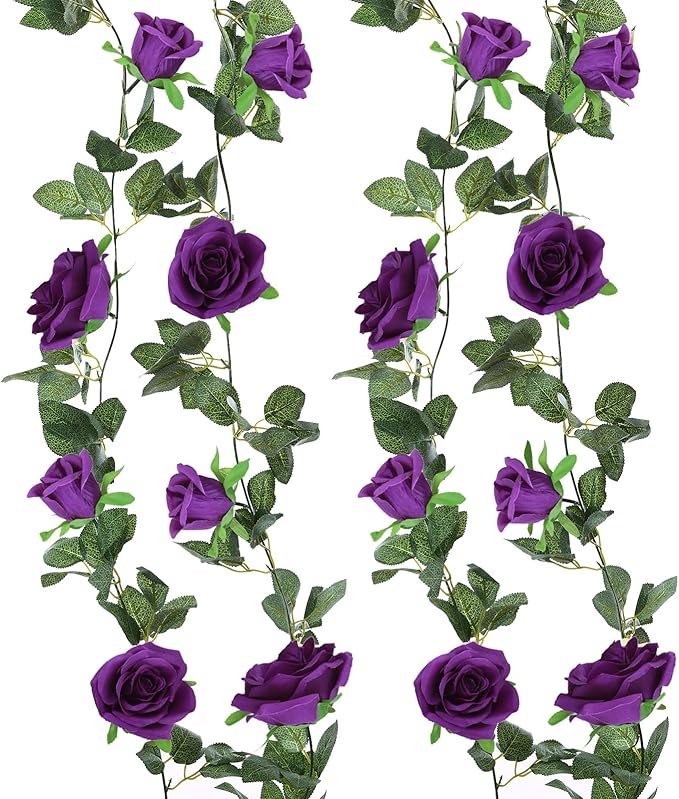 Felice Arts 2 Pack Dark Purple Artificial Floral Garland Each 6.5FT Fake Rose Vine Hanging Rose Garland for Wedding Flowers Table Centerpiece Arrangement Room Baby Shower Teepee Mirror Decor