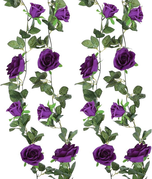 Felice Arts 2 Pack Dark Purple Artificial Floral Garland Each 6.5FT Fake Rose Vine Hanging Rose Garland for Wedding Flowers Table Centerpiece Arrangement Room Baby Shower Teepee Mirror Decor