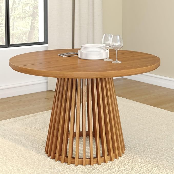 Plank+Beam Lido Round Dining Table, 47", Wooden, Pedestal, Minimalist Kitchen Table for 4 for Dining Room, Pecan