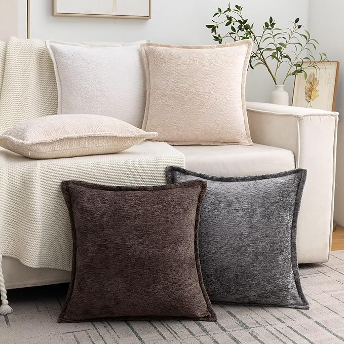 Brown Decorative Throw Pillow Covers 18x18 Inch Set of 2 Cozy Soild Chenille Cushion Cases Soft Textured Square Couch Pillows Cover Boho Accent Farmhouse Pillowcases for Sofa Bed