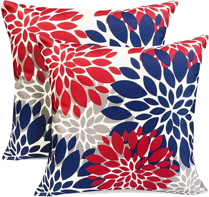 Decorative Throw Pillow Covers Set of 2 Red Blue Pillow Covers 18x18 Inch Couch Pillow Covers for Sofa Living Room Outdoor Throw Pillow Cover Linen Floral Flower Farmhouse Pillowcase