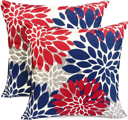 Decorative Throw Pillow Covers Set of 2 Red Blue Pillow Covers 16x16 Inch Couch Pillow Covers for Sofa Living Room Outdoor Throw Pillow Cover Linen Floral Flower Farmhouse Pillowcase