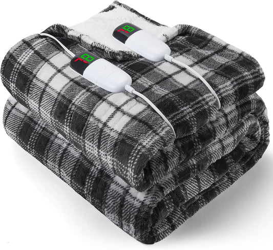 Heated Electric Blanket Queen Size, 84X90 Heating Blanket Queen with Dual Control&10 Heats Levels&Timer for Bed,Black Plaid Sherpa Large Blankets Warmer Gift for Grandma Women Adults, Washable,ETL