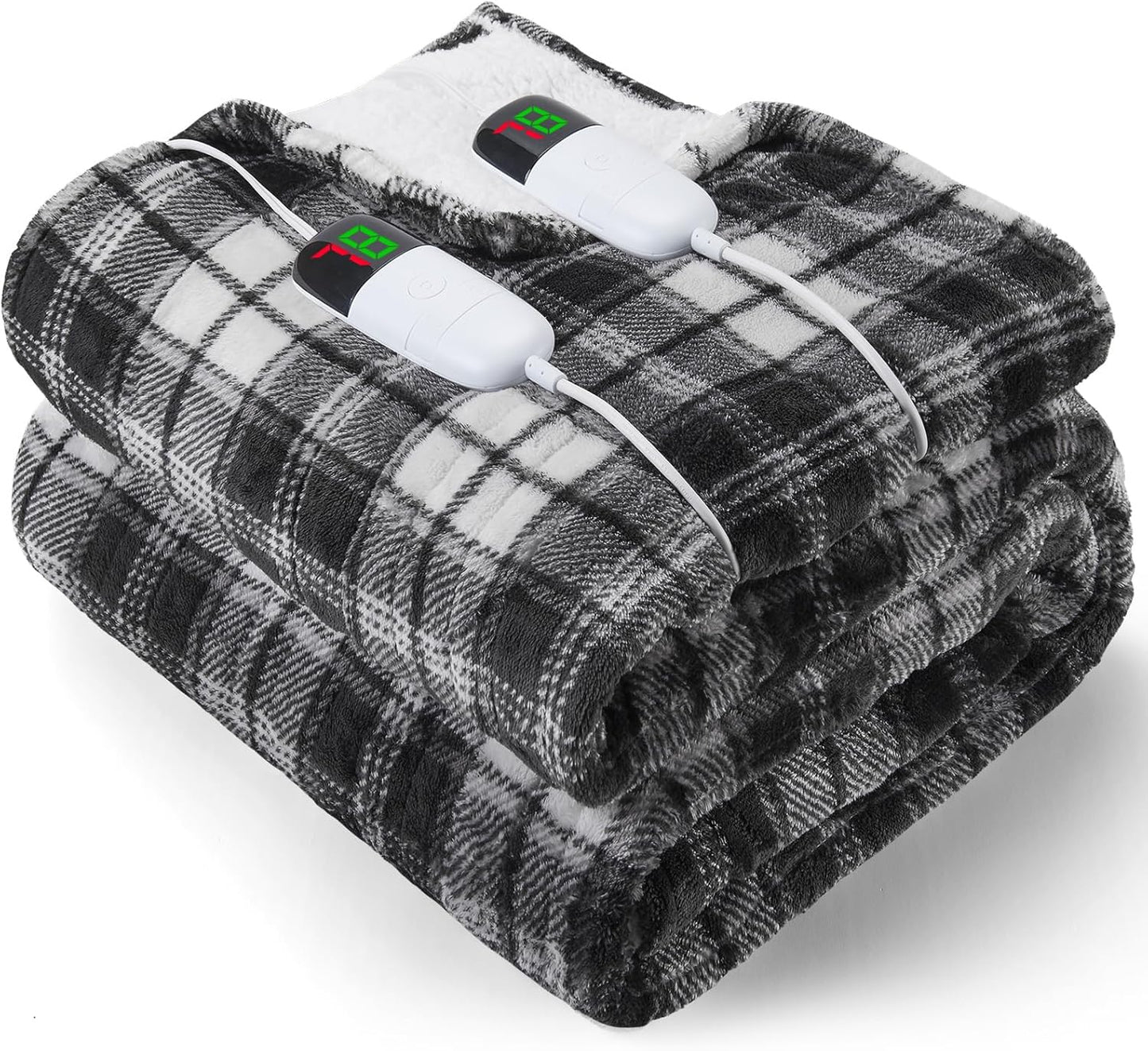 Black Electric Heated Blanket King Size, 90X100 Black Blanket with Dual Control&10 Heats Levels&Timer for Bed,Large Plaid Sherpa Heating Blankets Warmer Gifts for Grandma Women Adults,Washable, ETL