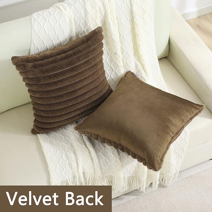 FUTEI Tan Striped Decorative Throw Pillow Covers 26x26 Inch Set of 2,Square Fall Decorations Couch Euro Pillow Shams,Soft Cozy Faux Rabbit Fur & Velvet Back,Modern Home Decor for Bed