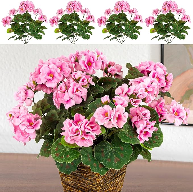 4PCS Home Decor Fake Plants Artificial Flowers Artificial Geraniums Outdoor Fake Flowers Artificial Flowers Fake Silk Bouquet, Fall Decor for Interior Porch Garden Decoration (Pink) 14.4"