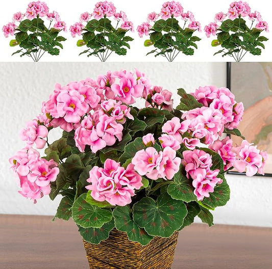 4PCS Home Decor Fake Plants Artificial Flowers Artificial Geraniums Outdoor Fake Flowers Artificial Flowers Fake Silk Bouquet, Fall Decor for Interior Porch Garden Decoration (Pink) 14.4"