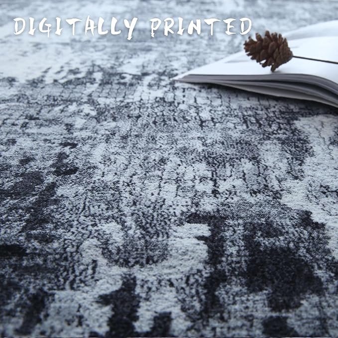 Runner Rug 2'6''x8' Hallway Washable Boho Soft Area Rug Abstract Pattern Non-Slip Faux Wool Vintage for Kitchen, Entryway, Laundry, Bedroom, Grey and Black